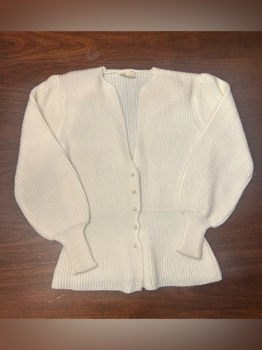 Vintage Cream Ribbed Button-Front Cardigan with Puff Sleeves